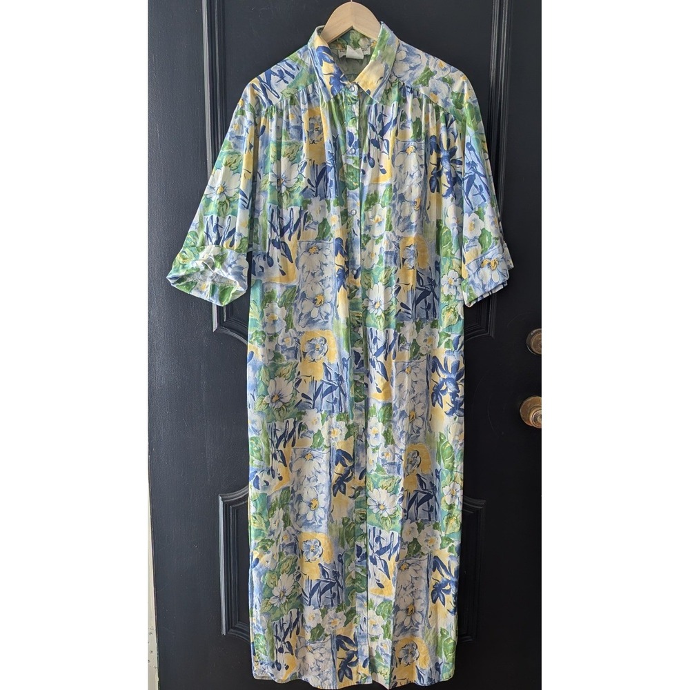 VTG‎ 90's Floral Button Up Day Dress Cottagecore Made in the USA Blue Yellow